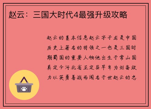 赵云：三国大时代4最强升级攻略